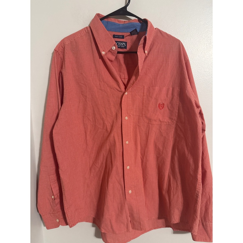 Chaps Mens Red White Gingham Check Easy Care Button Down Shirt Large L/G